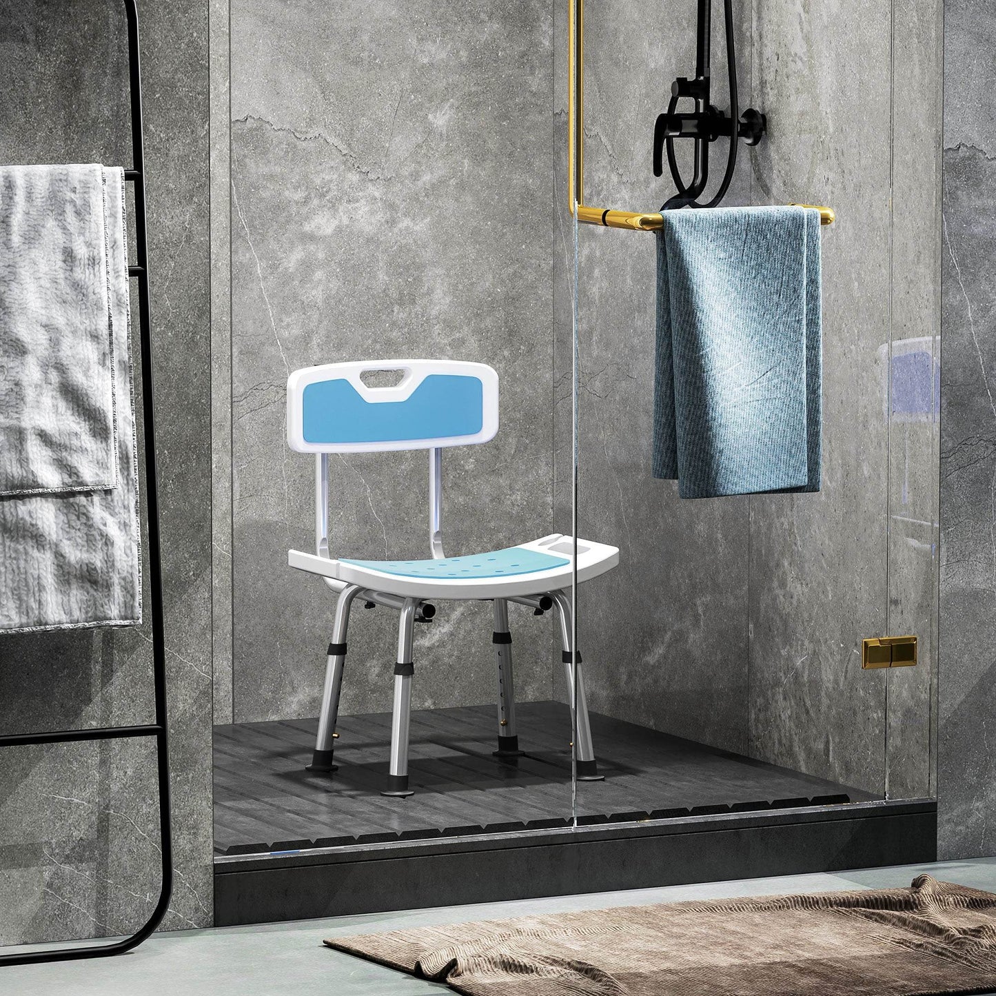 Light Blue Adjustable Shower Chair with Backrest and Anti-Slip Feet - ALL4U RETAILER LTD