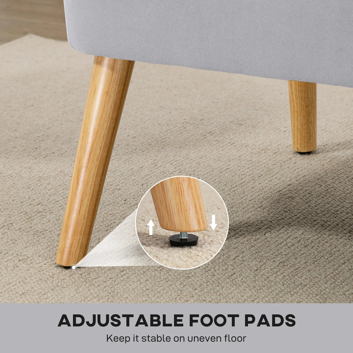 Wood sofa legs with adjustable foot pads for stability on uneven floors