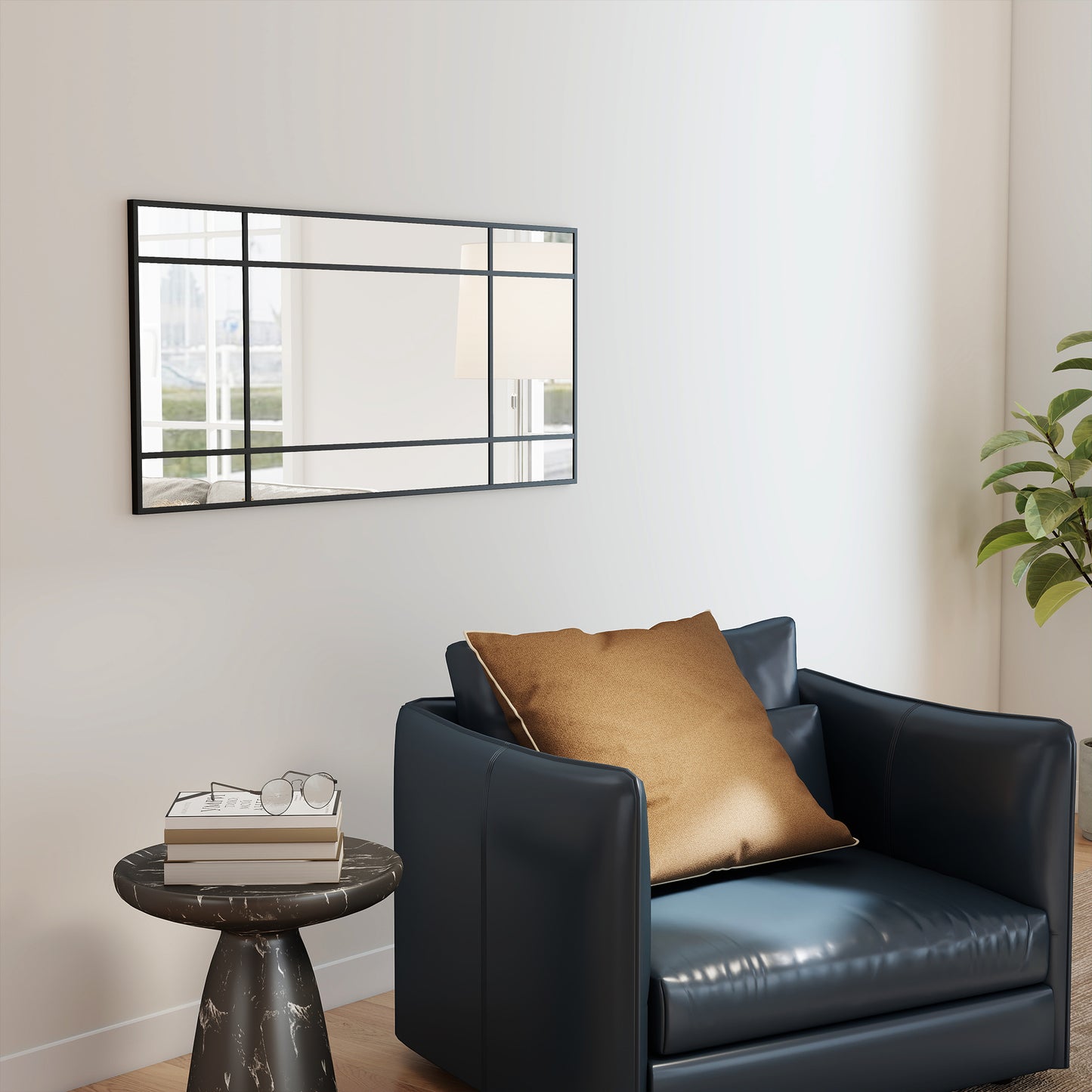 HOMCOM Decorative Grid Wall Mirror With Back Hooks Black Finish For Living Room Bedroom Decor