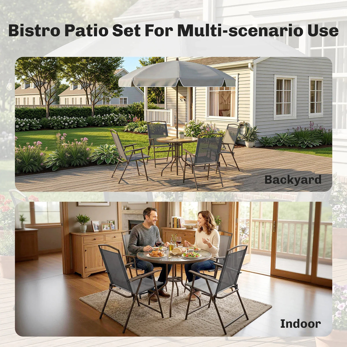 Patio dining set with umbrella parasol, round glass table, and four folding chairs