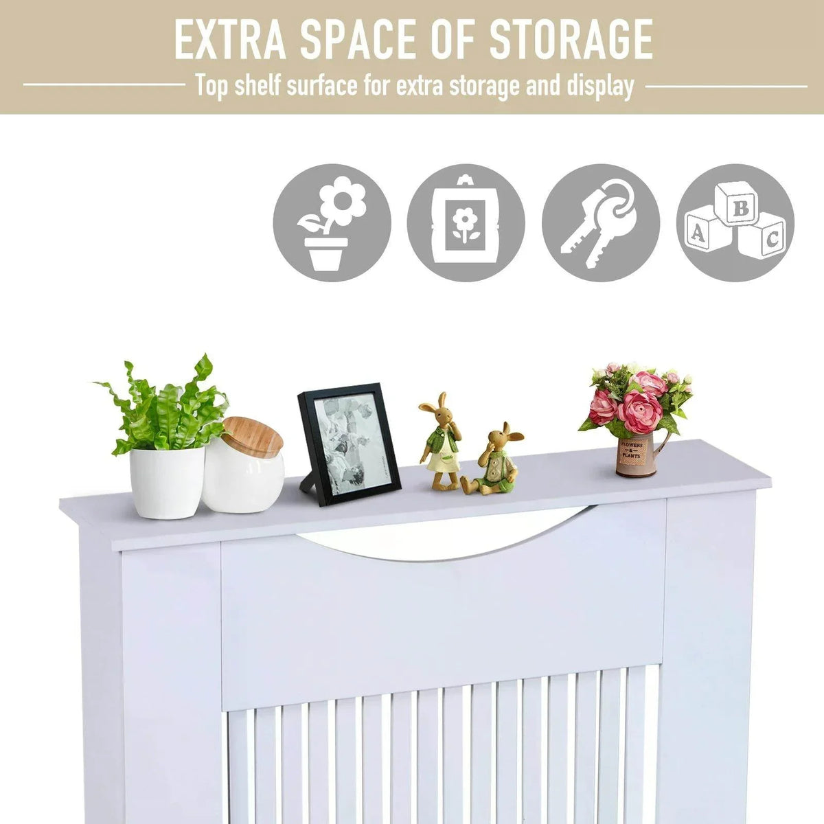 White radiator cover with top shelf surface for storage and display, slatted vent front