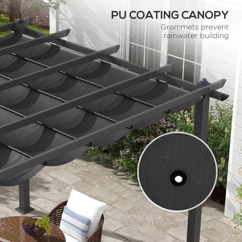 Dark grey retractable canopy roof with textured cover and side support posts