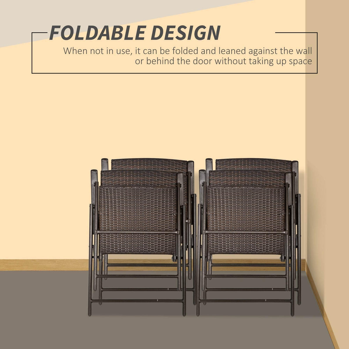 Set of 4 foldable rattan patio chairs, two folded and standing side by side