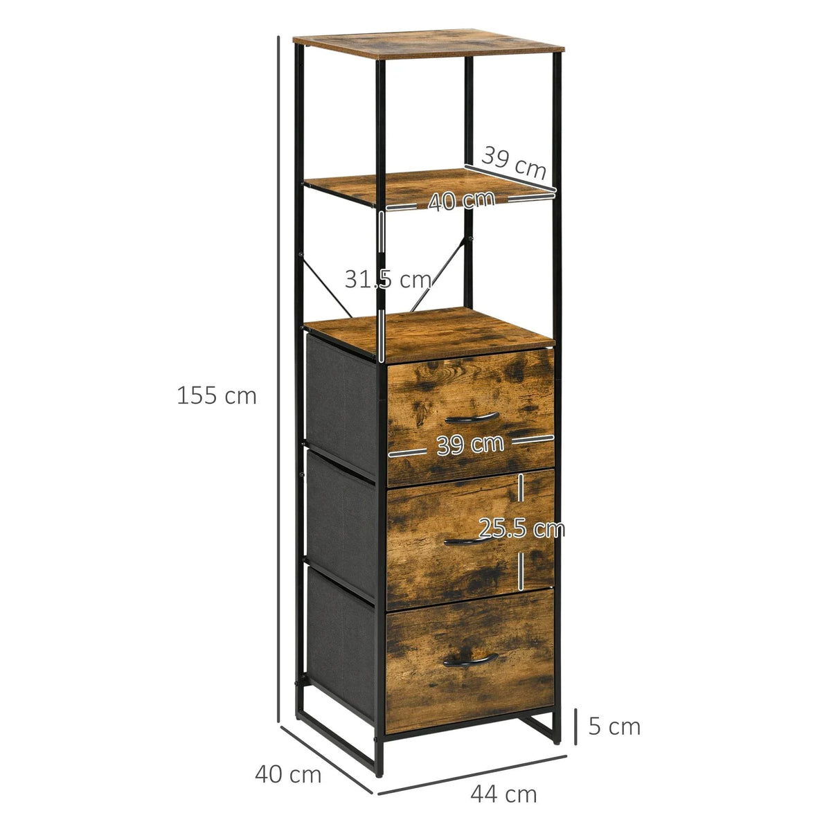 Rustic brown industrial bookshelf with open shelves and foldable drawers, black metal frame.