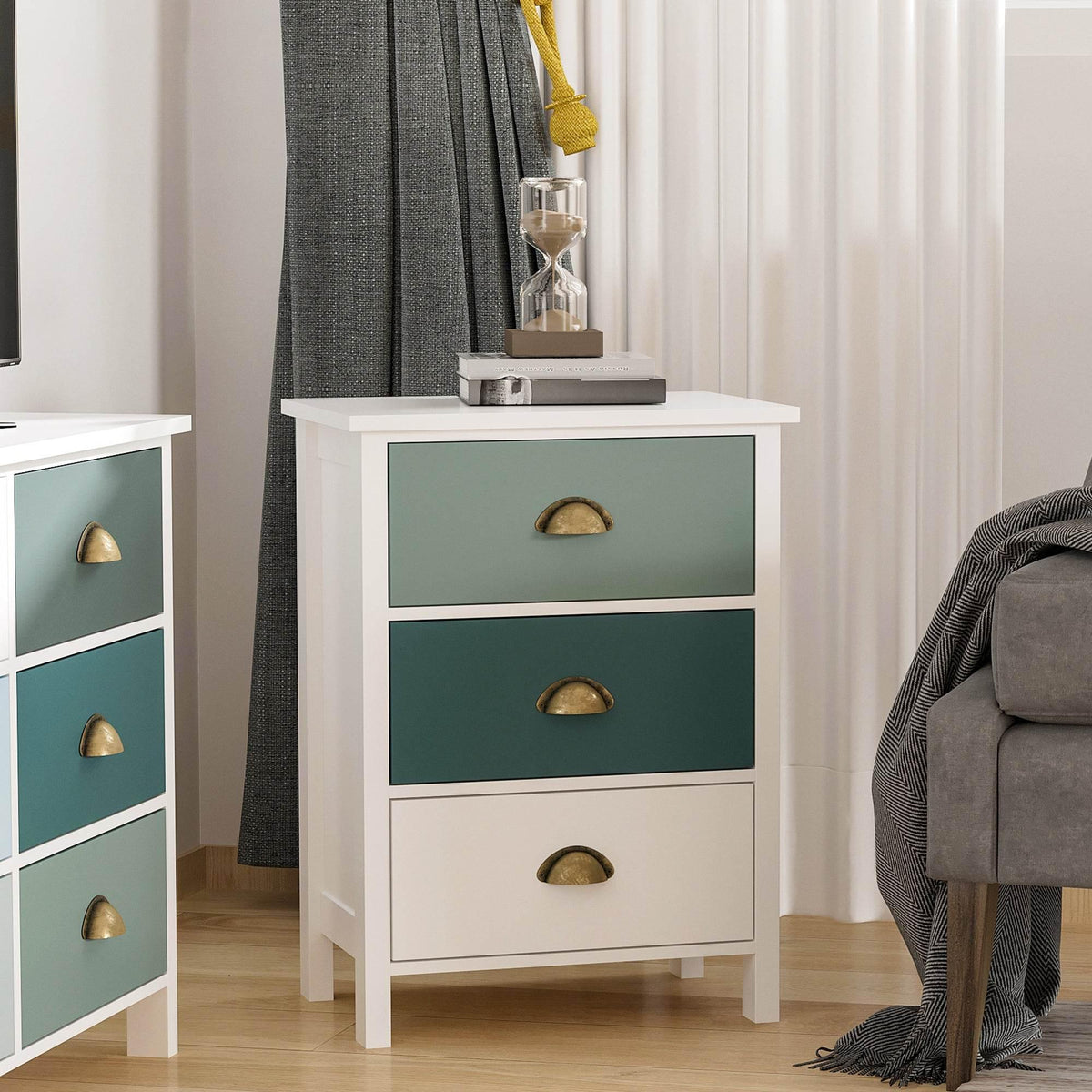 White bedside nightstand with 3 drawers, blue drawer fronts, and brass half-moon handles