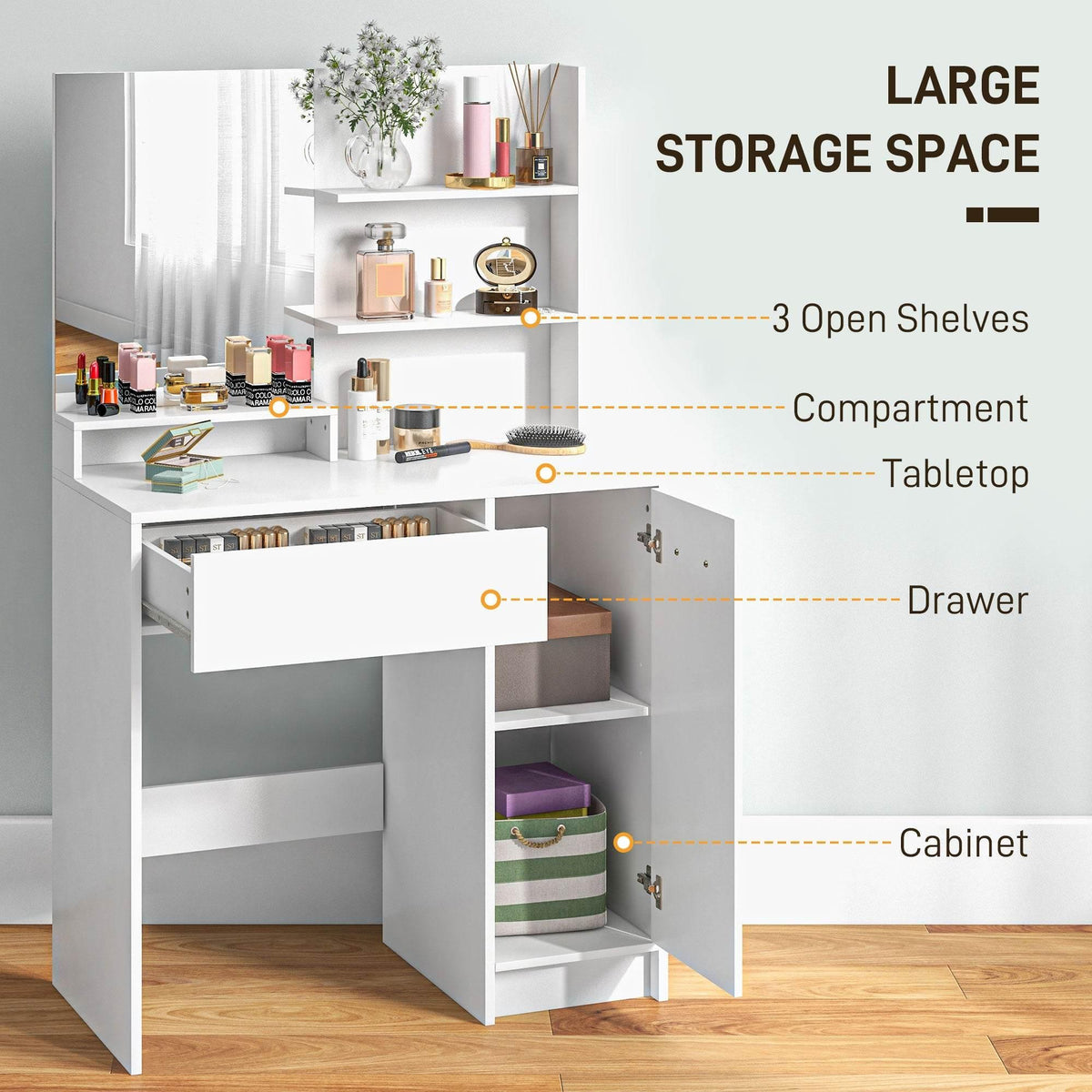 White vanity desk with open shelves, cabinet storage, drawer, and matching stool