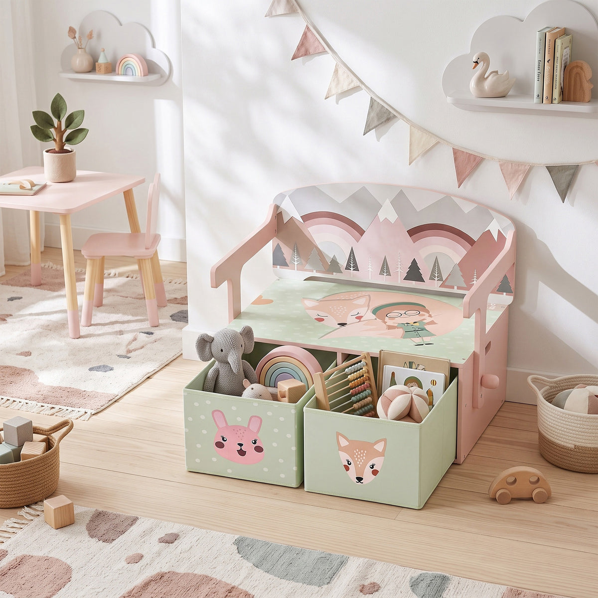 Pink kids storage bench with open toy bins and animal print panels in playroom