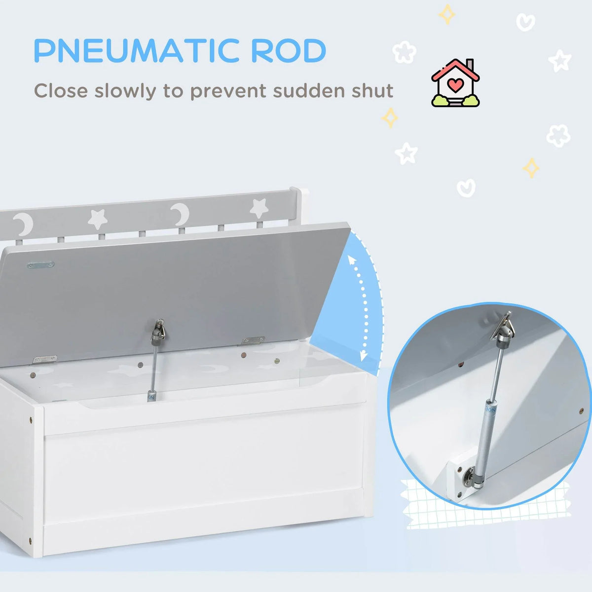 Kids toy chest with slow-close pneumatic rod safety hinge for the lid.