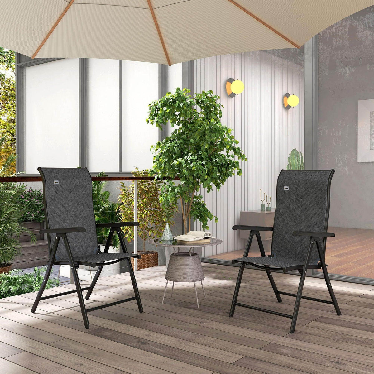 Grey PE rattan folding armchair with adjustable backrest and armrests