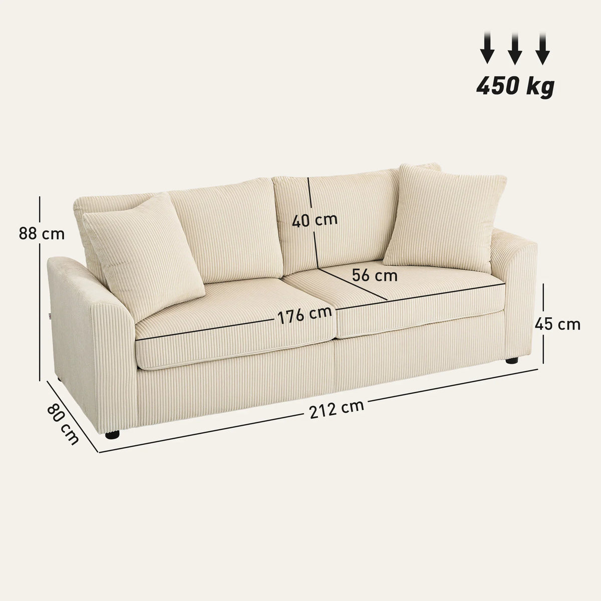 Cream 3-seater corduroy sofa, two back cushions, black feet, side view with measurements