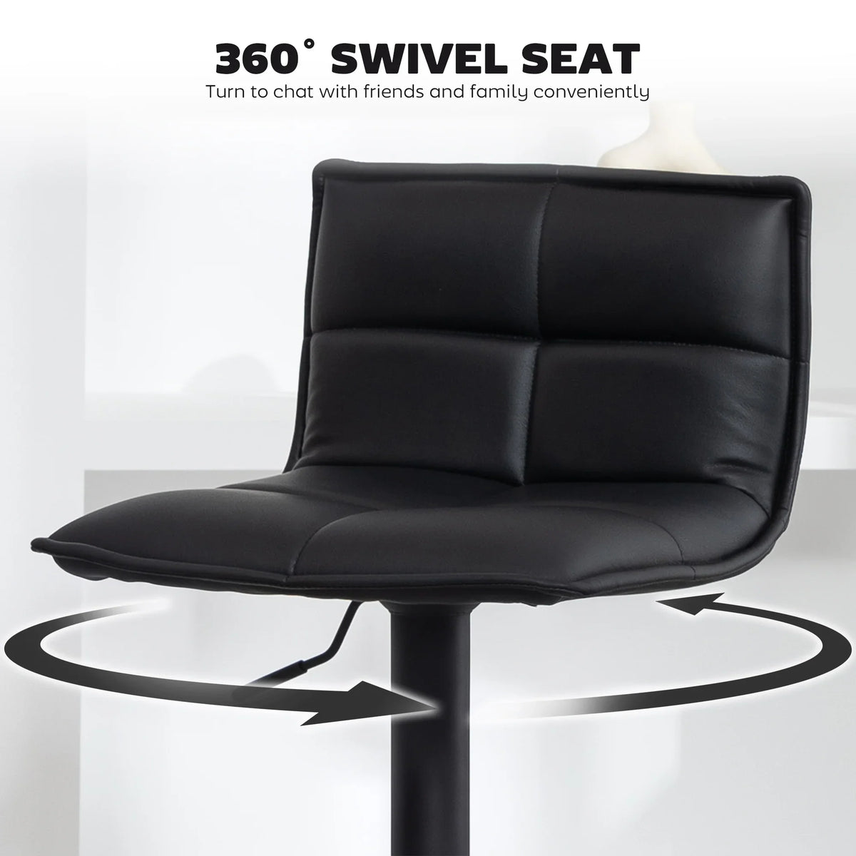 Black faux-leather bar stool seat with quilted backrest and 360° swivel base