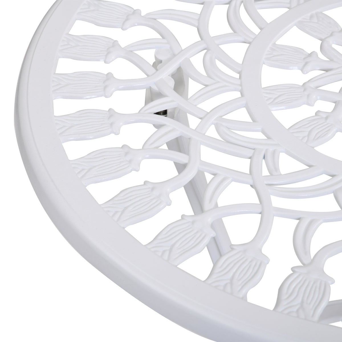 White ornate chair back and seat with decorative cutout lattice pattern