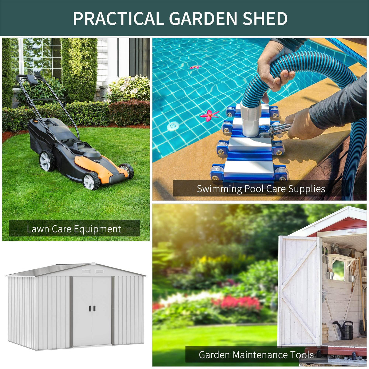 Grey metal garden storage shed with double sliding doors and vertical panel siding