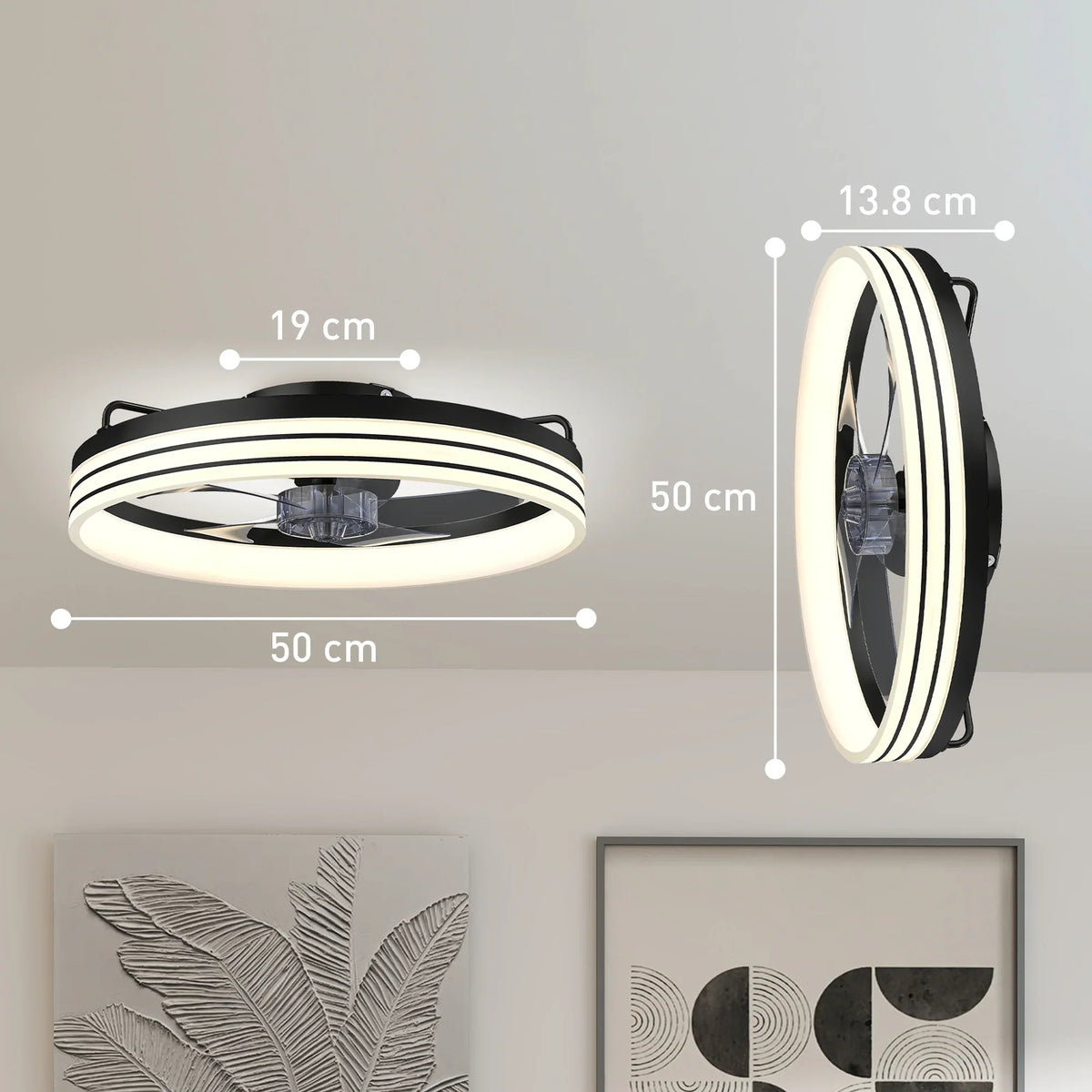 Black 50cm LED ceiling fan with light, showing underside and side profile dimensions