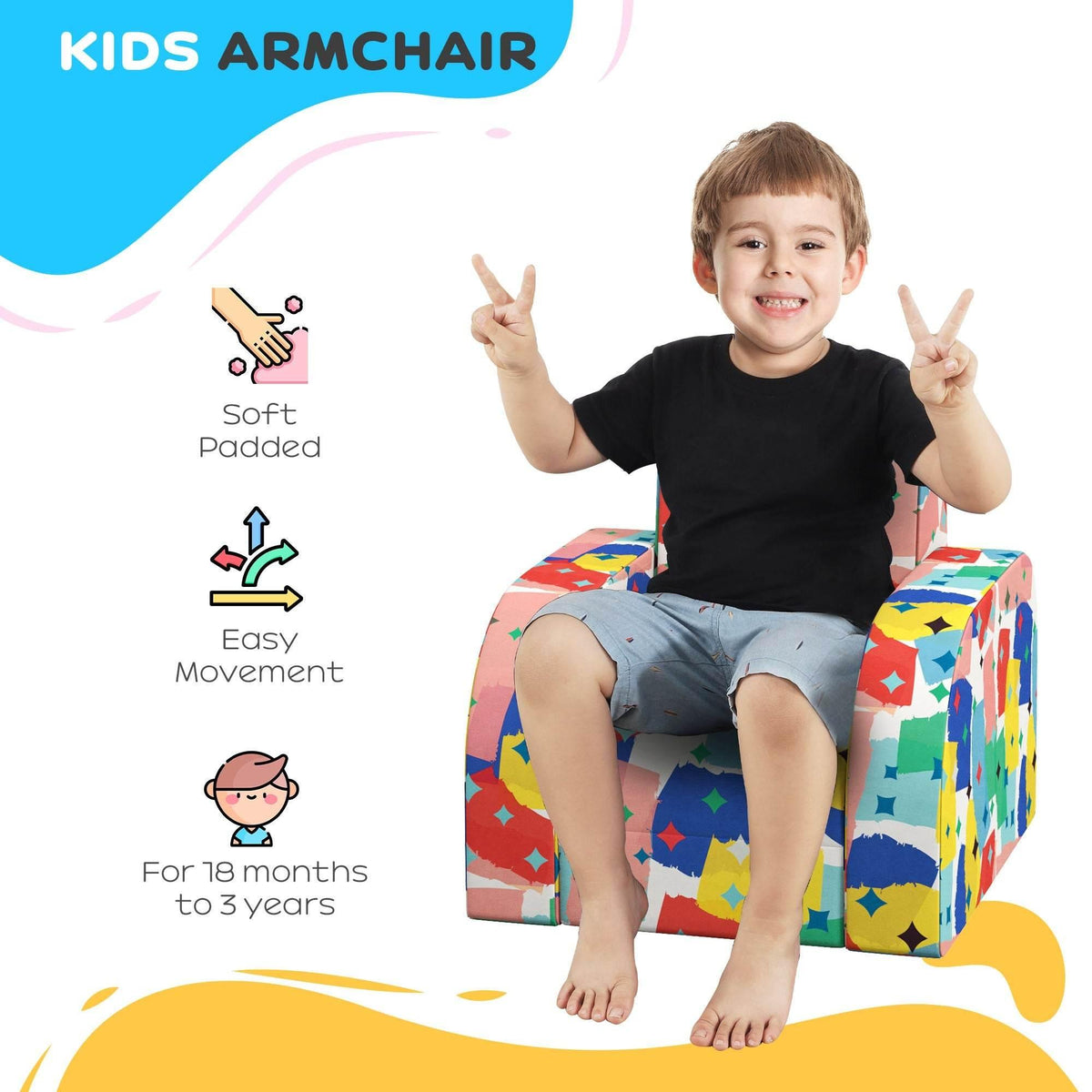 Colorful foldable toddler armchair, soft padded seat, child sitting upright.