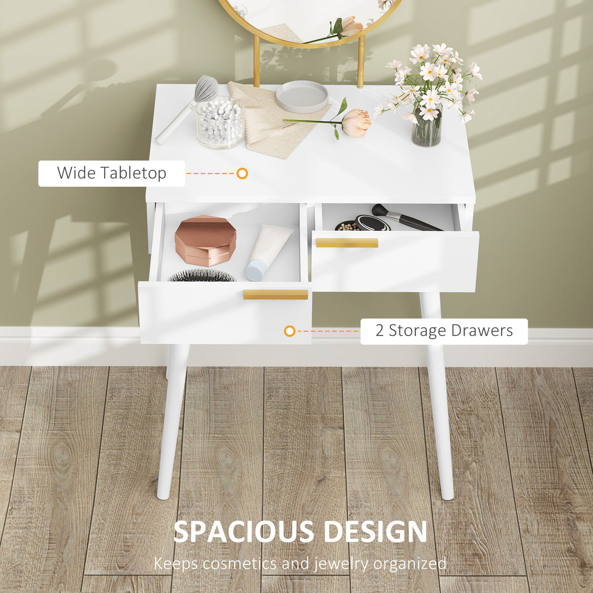 White dressing table with round mirror, wide tabletop, open drawers, and gold handle