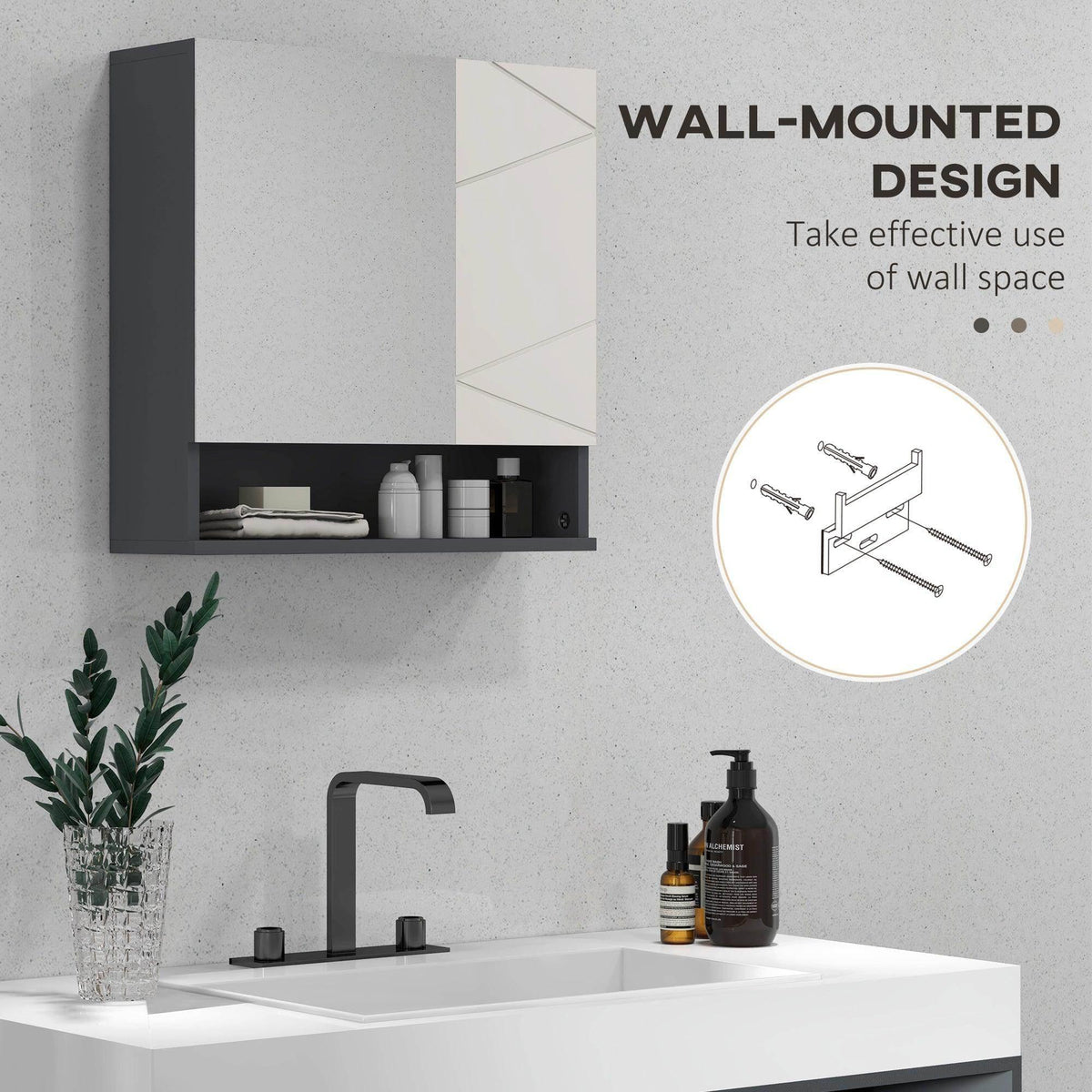 Wall-mounted bathroom cabinet with open interior and wall-mount hardware, grey