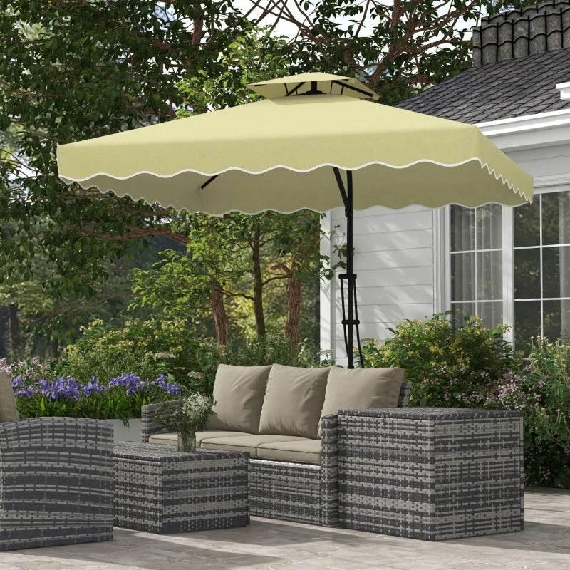 Beige square double-top cantilever garden parasol with ruffled edge and dark pole