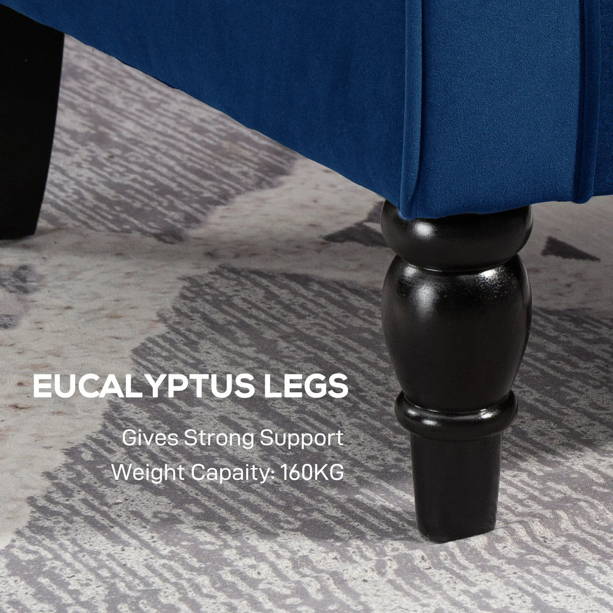 Blue accent chair on glossy dark turned legs with rounded feet
