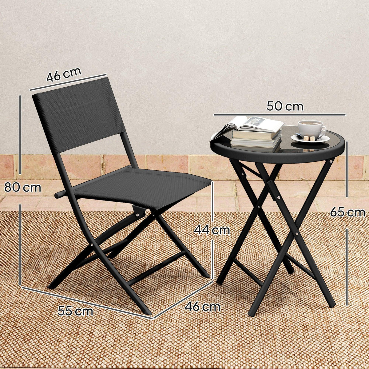 Black folding bistro chairs and round glass-top table with labeled dimensions