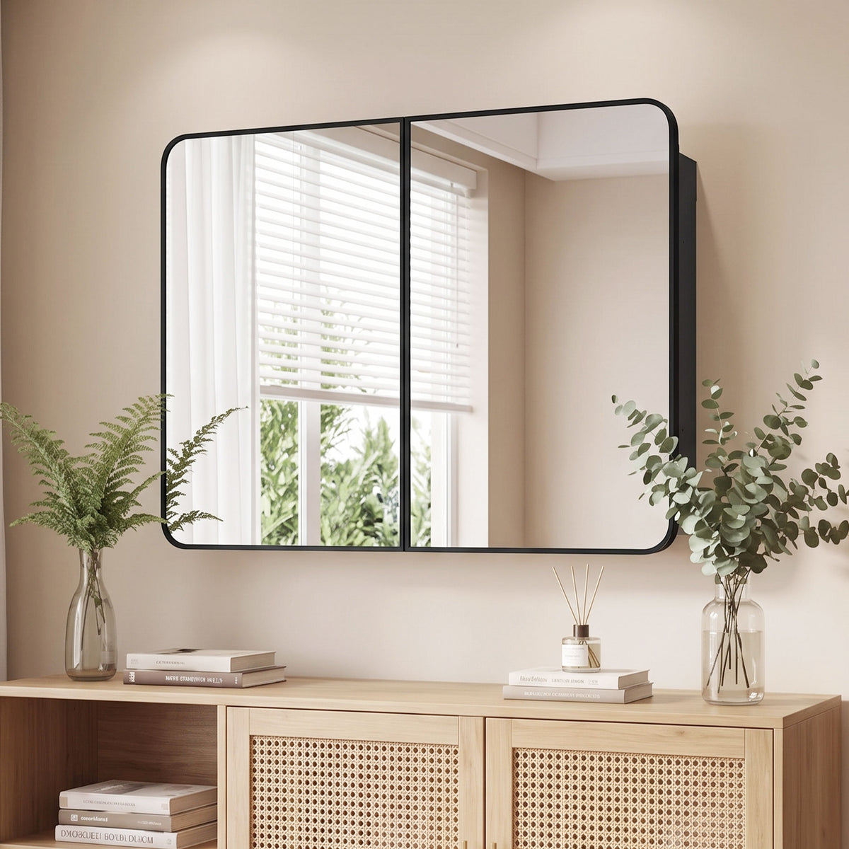Black bathroom mirror cabinet with two mirrored doors, front view with rounded corners
