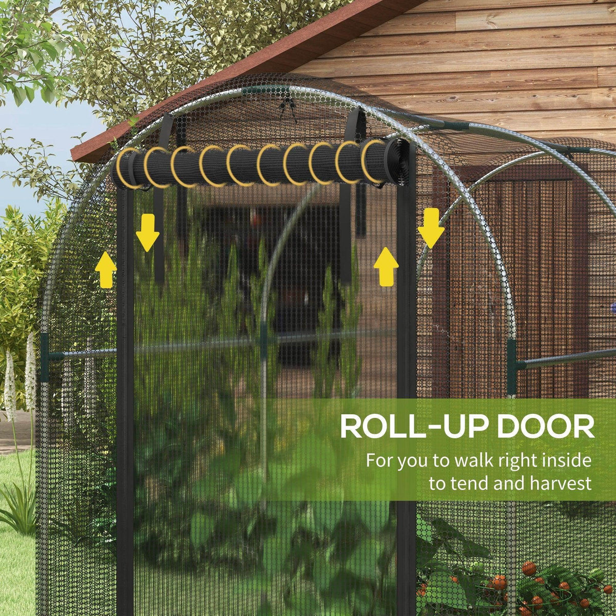 Black plant protection tent with roll-up zip door, arrows showing easy access inside.