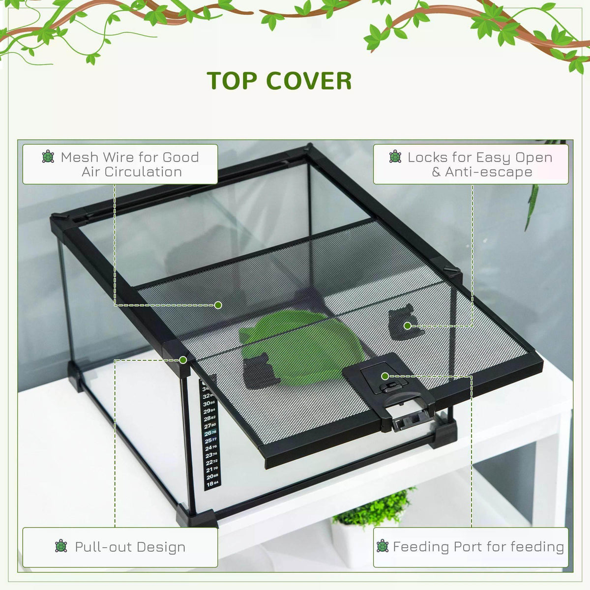 Top cover for glass reptile terrarium with mesh ventilation and lockable lid