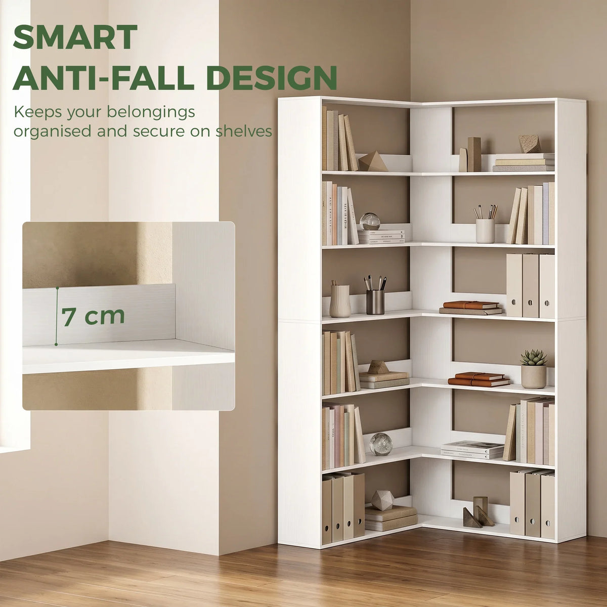 White wood-effect L-shaped corner bookshelf with stable 7-tier open shelving