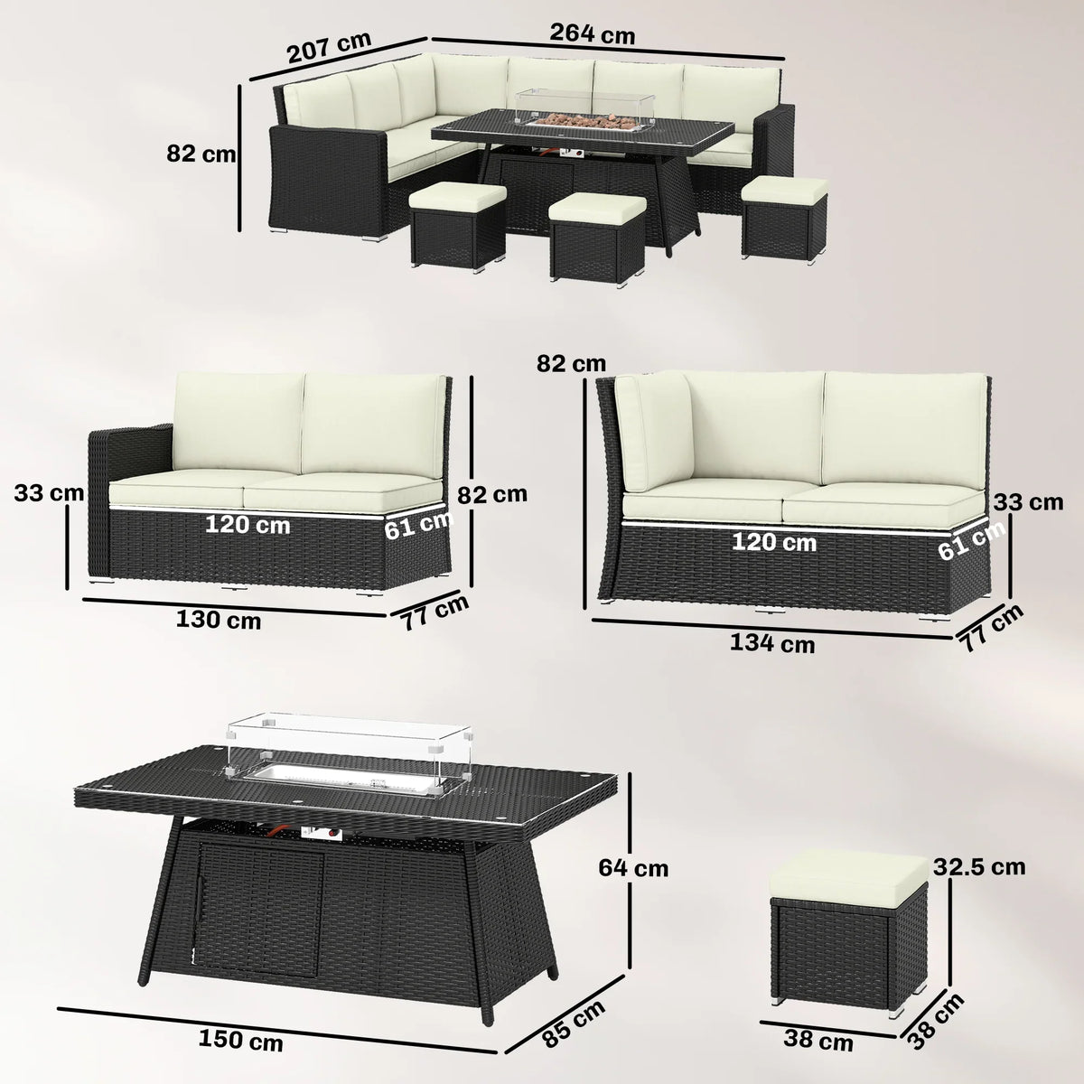 PE rattan furniture set layout with corner sofa, fire pit table, and three matching ottomans.