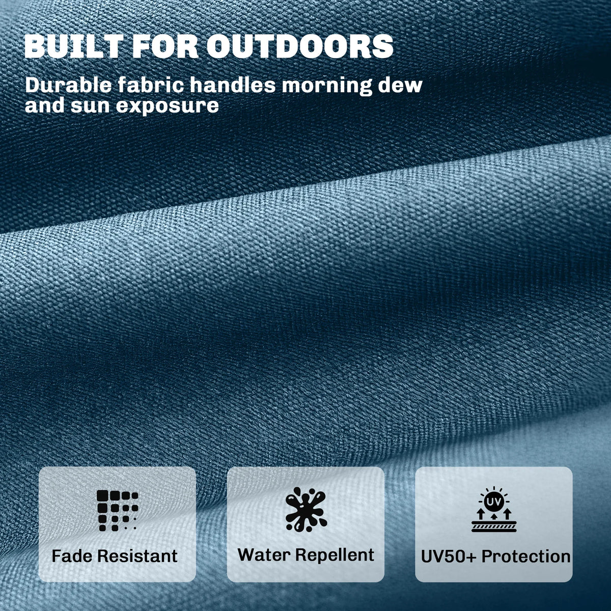Blue outdoor cushion fabric close-up with water-repellent look and stitched edge