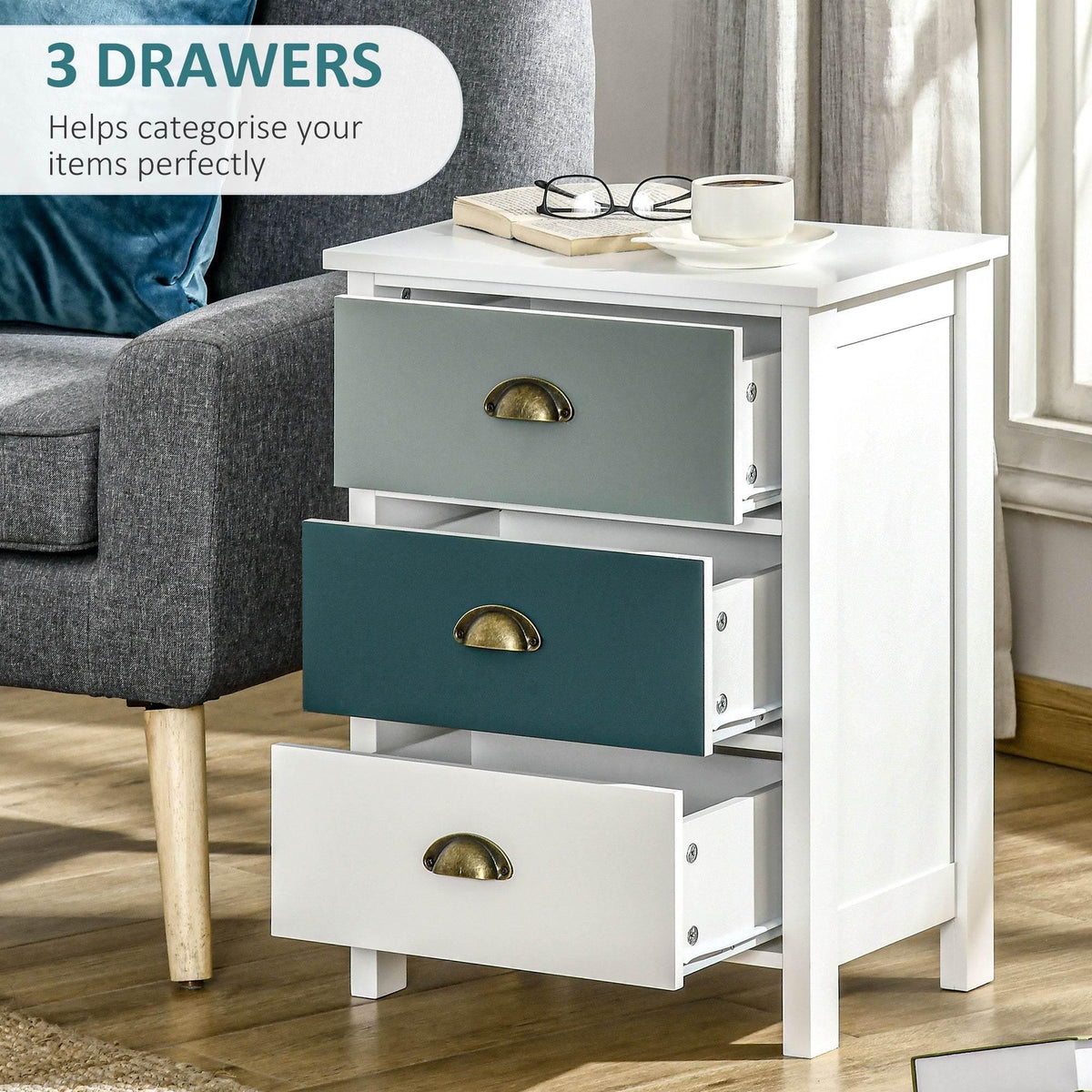 White nightstand with 3 drawers, blue drawer fronts, and brass half-moon handles