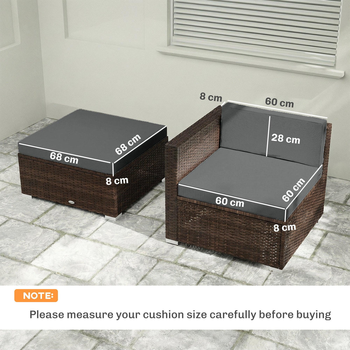 Dark grey patio loveseat cushion set with removable covers, shown with size measurements