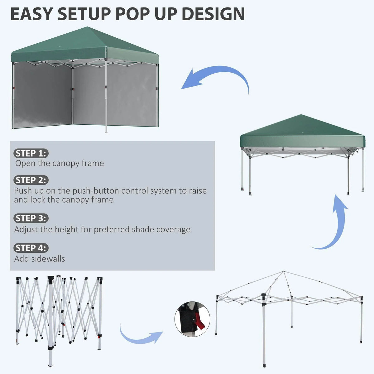 Green pop-up gazebo tent with pop-up frame and attachable sidewalls, easy setup