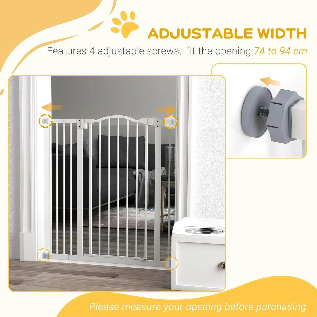 White pet safety gate with adjustable side brackets and vertical bars