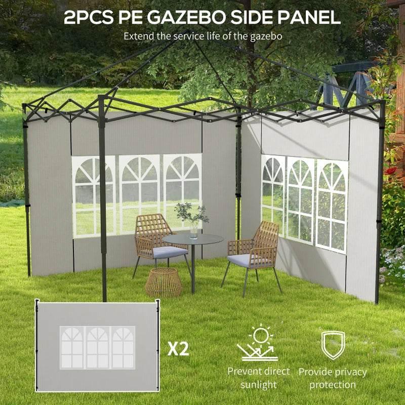 Two white gazebo side panels with arched window grid and black metal frame