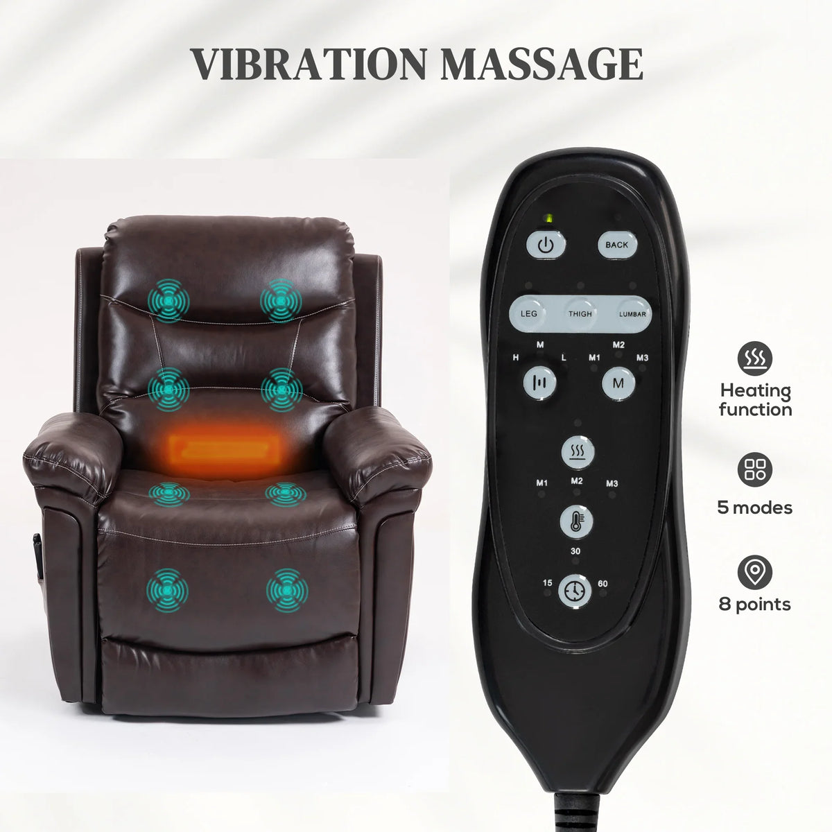 Brown recliner chair with vibration massage nodes and heating control remote