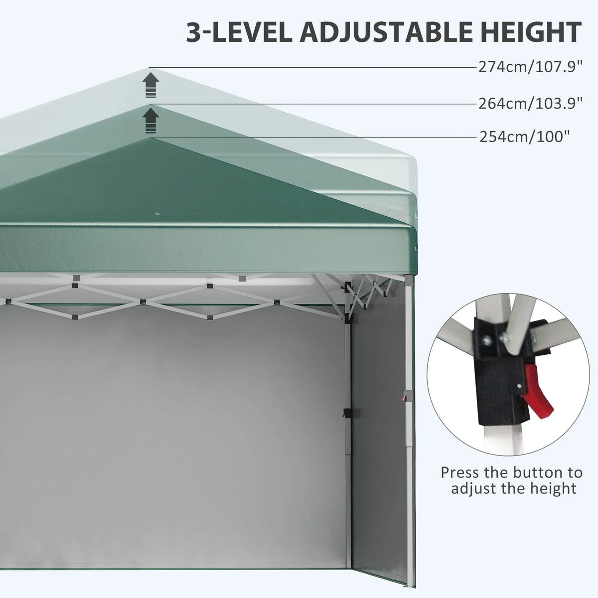 Green pop-up gazebo tent with adjustable-height frame and gray sidewall panels