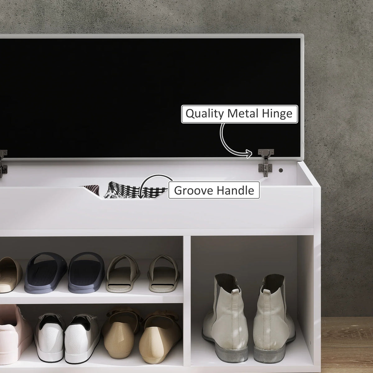 Cream cabinet bench showing metal hinge and groove handle above shoe storage compartments