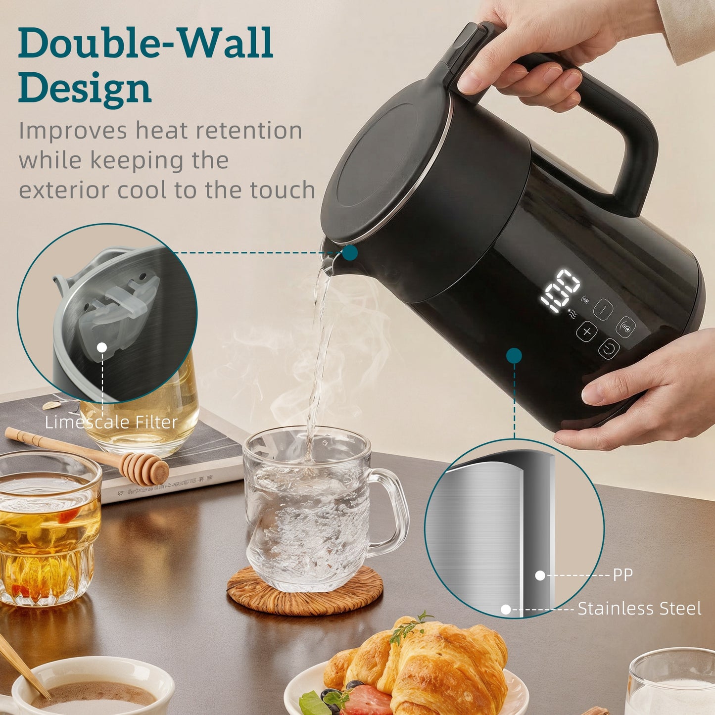 HOMCOM Electric Kettle 1.7L 3kW Fast Boil With UK Strix Thermostat LED Display Keep Warm Black
