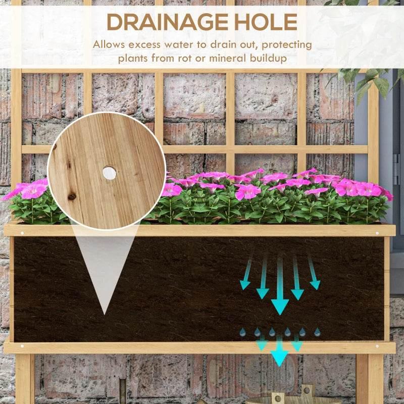 Wooden garden planter with drainage hole detail above soil layer