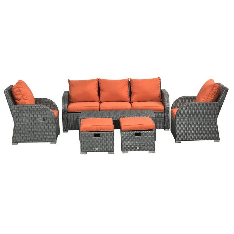 6-piece outdoor dining set with gray wicker sofa, orange cushions, and two single recliners