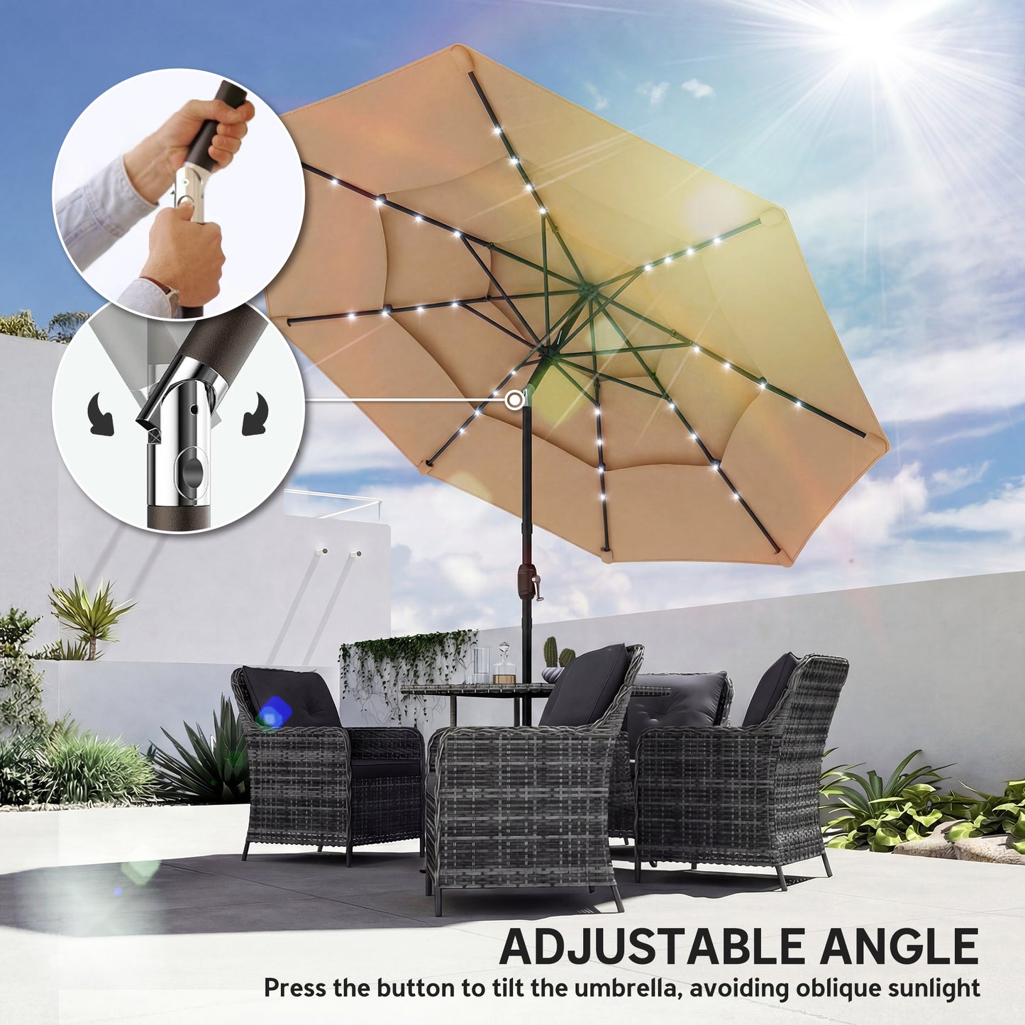 Outsunny 2.8m Garden Parasol Umbrella With LED Solar Light Parasol Cover 3 Tier Outdoor Table Market Patio Khaki