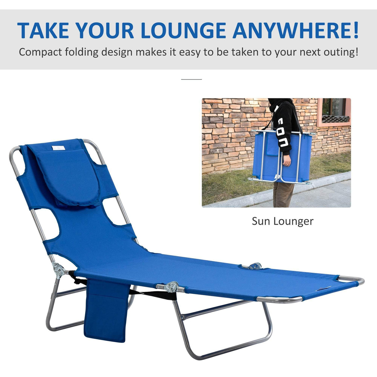 Blue folding portable sun lounger chair with face opening and arm holes