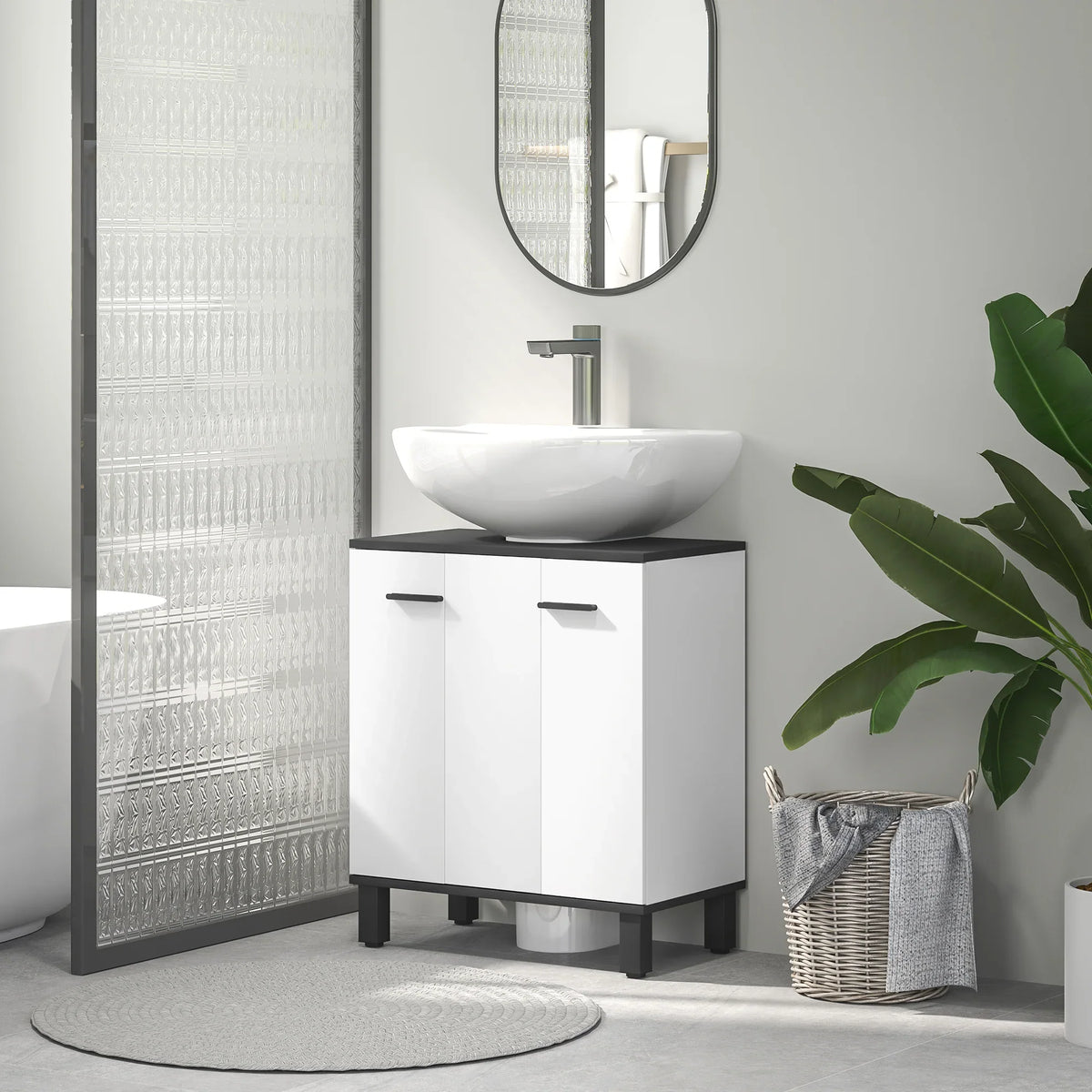 High-gloss white under-sink cabinet with two doors and open center shelf