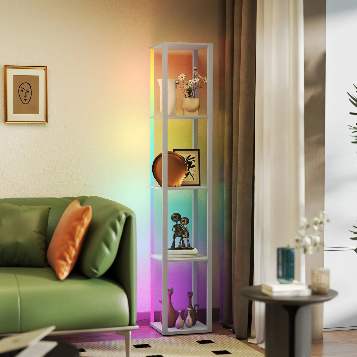 White RGB LED floor lamp with glass shelves and vertical multicolor LED lighting