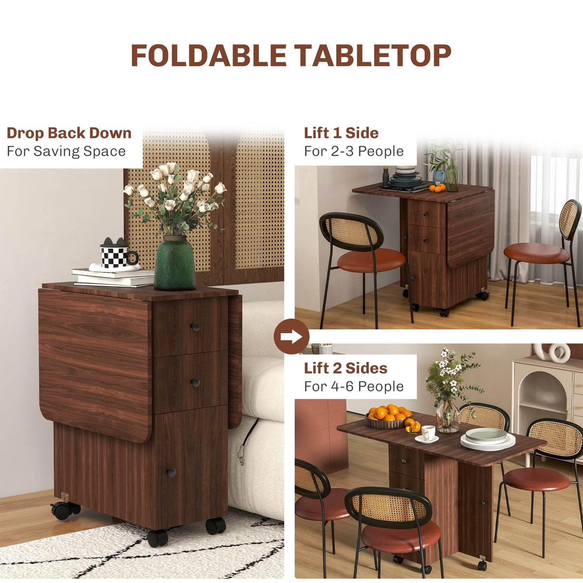Rustic brown drop-leaf dining table with foldable tabletop and cabinet base