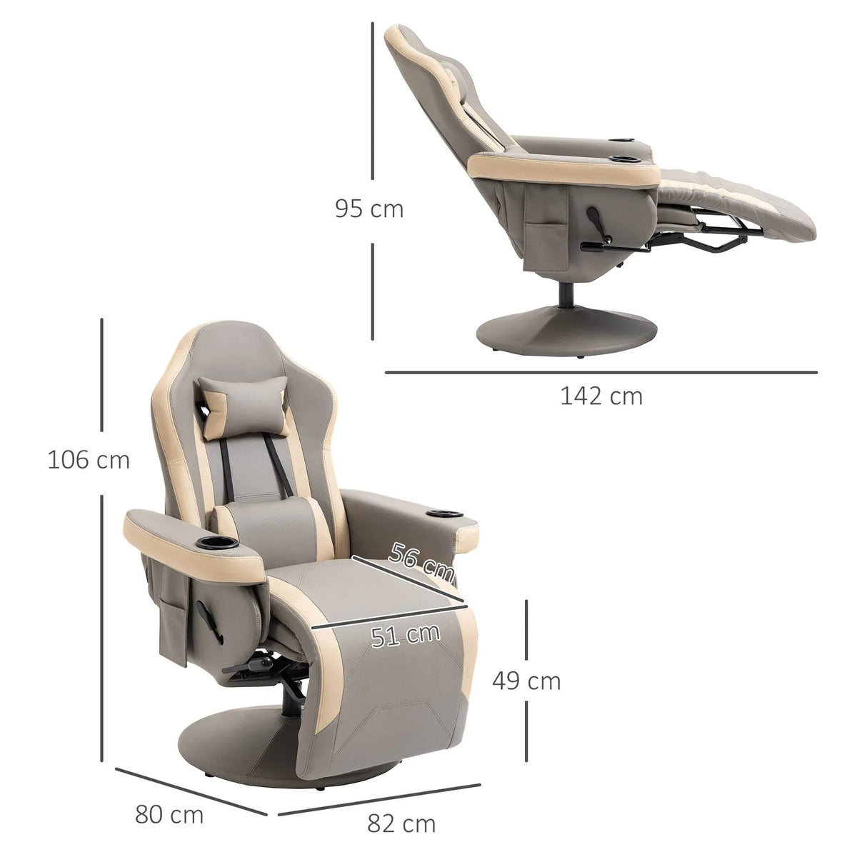 Grey recliner chair shown from an angle with adjustable footrest and round swivel base.