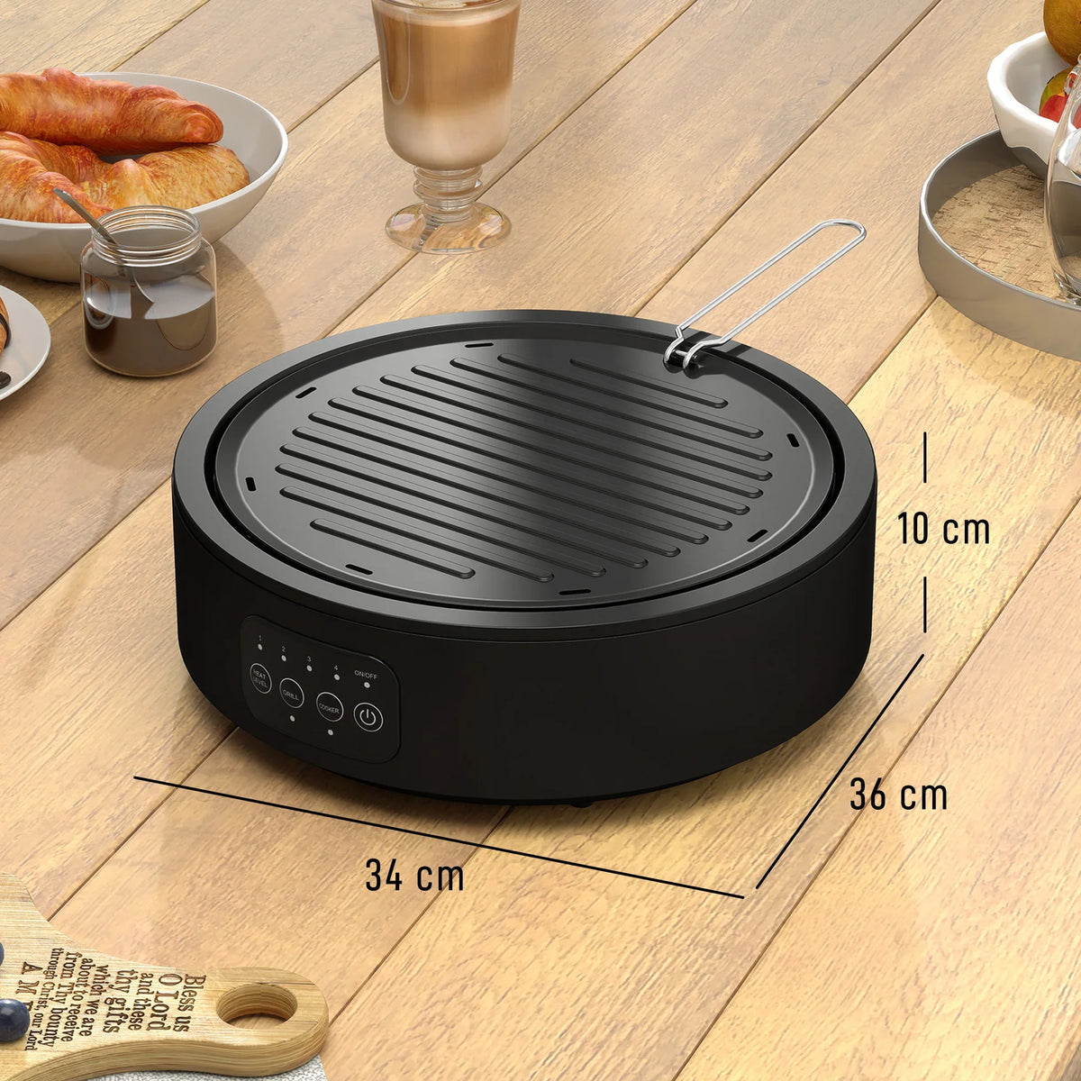 Black electric grill hot plate with round 36 cm base, grate lid, and control panel