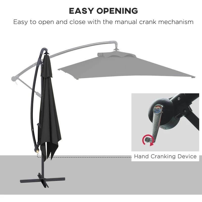Black cantilever patio parasol with manual crank opening mechanism and canopy