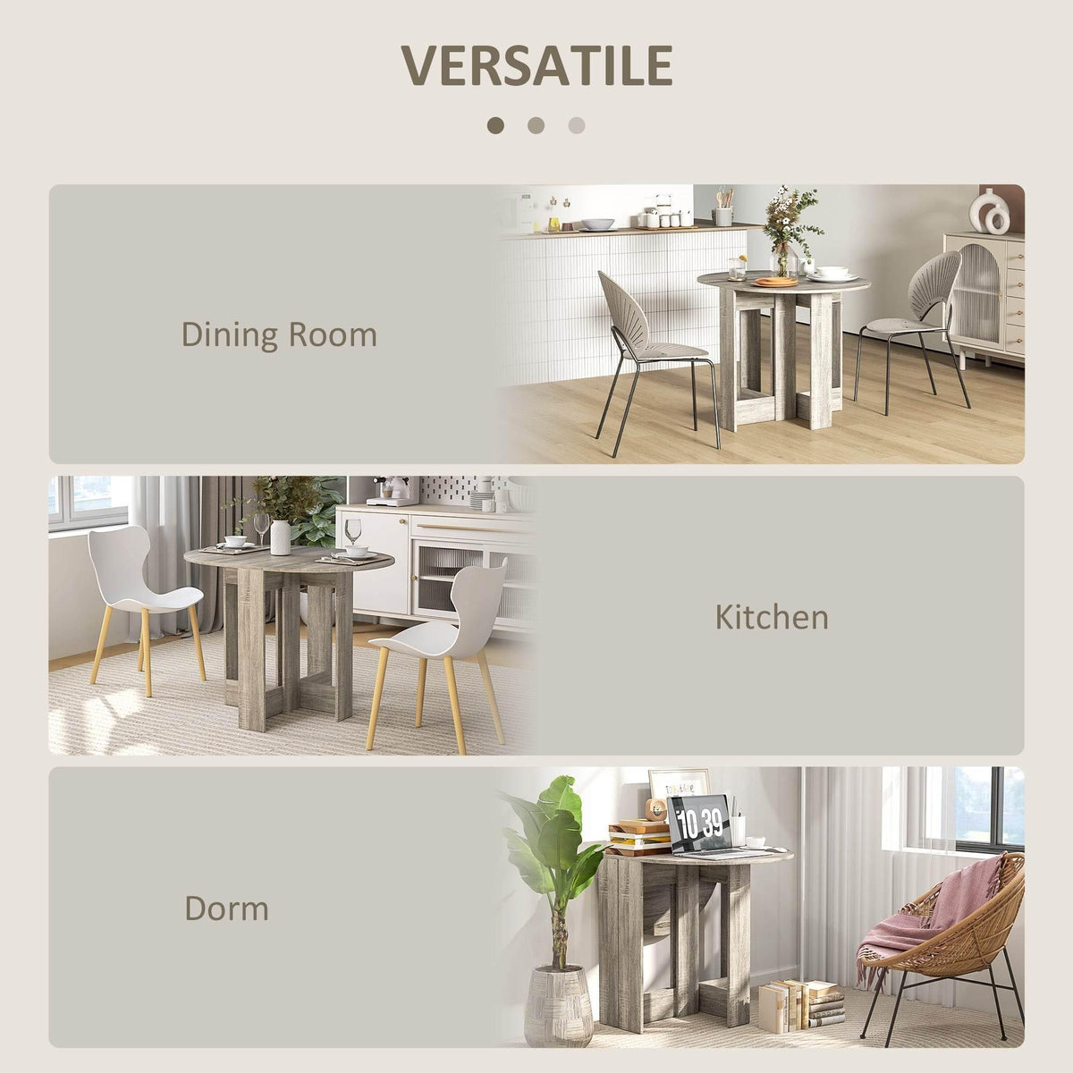 Grey folding drop-leaf dining table cabinet-style base with rounded cutout leaf supports